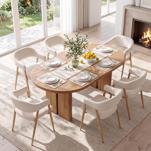 Image of HNY Modern Dining Chairs with Arms Set of 6, Cream Linen Upholstered Chairs