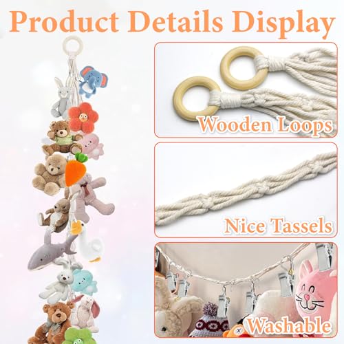 PXBSNB 2 Stück Kuscheltier Aufbewahrung Netz, Boho Makramee Stofftier Hängematte mit 40 Clips, Stofftier Aufbewahrung, 2M Hängender Stofftierhalter für Plüschtiere und Teddybären