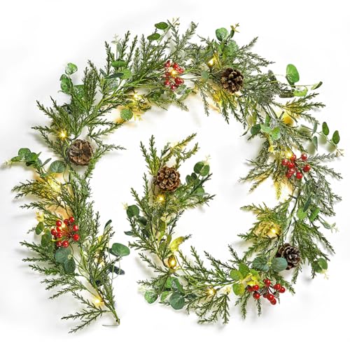 Realistic Christmas Garland Decorations: This 6 foot outdoor garland with lights are crafted with artificial norfolk pine branches, 22 eucalyptus leaves, 4 red berries, and 4 natural pine cones, adorned with shimmering silver glitter, adding a magica...