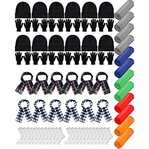 60 Pcs Homeless Care Package Supplies Bulk Winter Glove Pairs Socks Fleece Throw Blankets Beanies Scarves for Charity Care Multicolor, Multicolor Cover