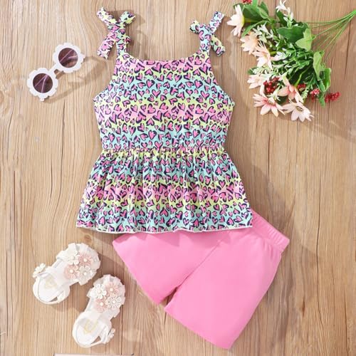Image of Toddler Girls Clothes Summer Short Set Outfit Tie Knot Shoulder Sleeveless Ruffle Tops and Shorts 2PC Clothing Set