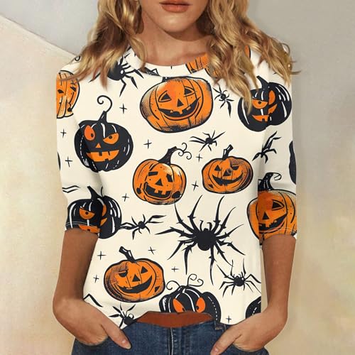 Halloween Shirts for Women 3/4 Sleeve Plus Size Crewneck Loose Fit Cute T Shirt Halloween Costumes for Women 2025