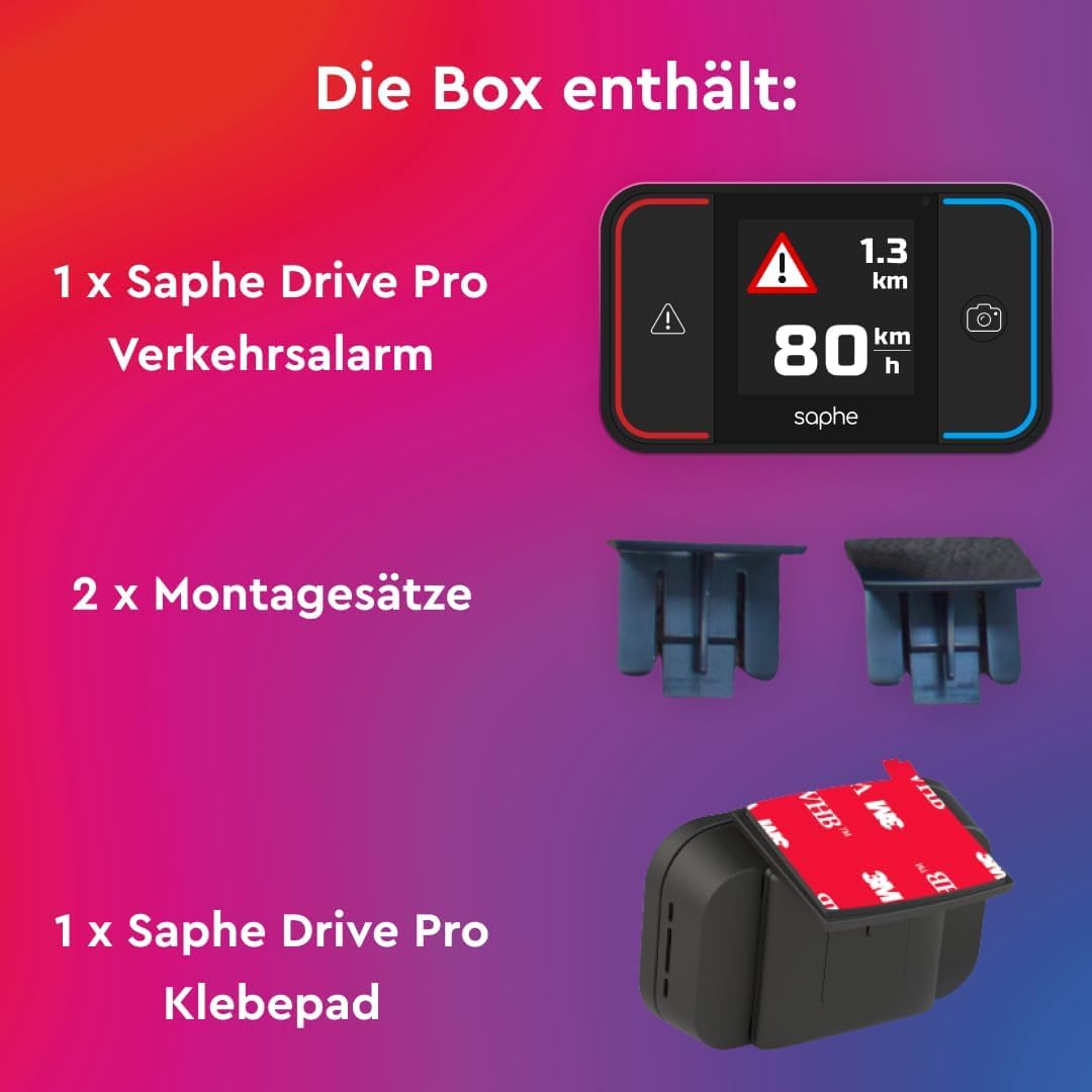 Saphe Drive Pro Blitzerwarner für das Auto mit Farbdisplay – CarPlay und Android Auto kompatibel – Zeigt Blitzer und Gefahren – Daten von Blitzer.de – Inkl. 12 Monatsabo