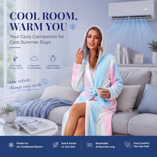 Image of RONGTAI Womens Robes Plush Fleece Hooded Bathrobe Thick Nightgown with Pockets Fluffy Sleepwear
