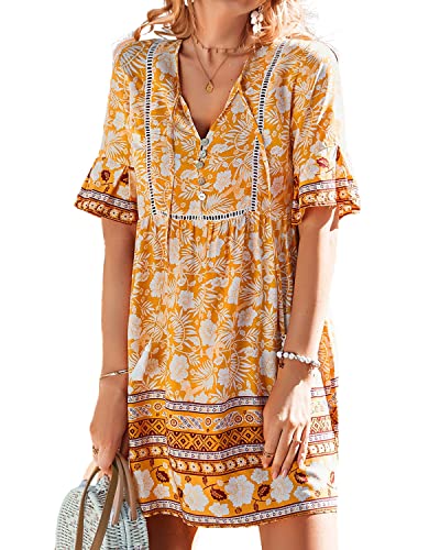 BebreezChic Damen Boho Sommerkleider Kurzarm V-Ausschnitt Hohe Taille Vintage Luftigem Minikleider, Gelb, L