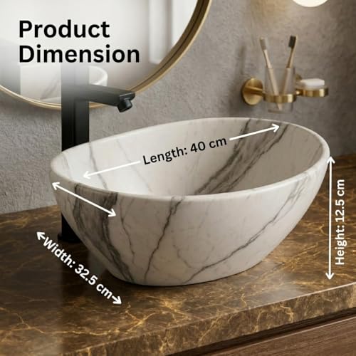 Image of Ceramic Tabletop Wash Basin - Glossy Bowl Shape Countertop Vessel Sink with Marble Finish for Bathroom & Vanity | Compact 16 x 13 x 5 Inch | Elegant Washbasin