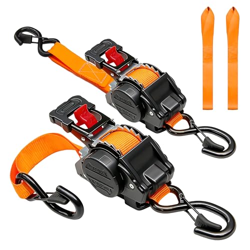 Retractable Ratchet Straps (2-Pack) - 1'' x 11.5' (1,800lb Break Strength) - Heavy Duty Auto Self Retracting Tie Down Straps for Truck, Cargo Trailer, Motorcycle, Rad & More - Orange