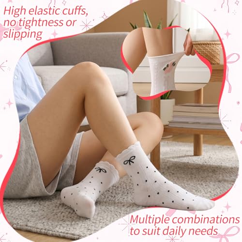 Image of Jspupifip 6 Pairs Lace Ruffle Frilly Crew Socks for Women Girls | Cotton Breathable Cute Princess Ankle Dress Lace Socks Thin Cool Casual Socks