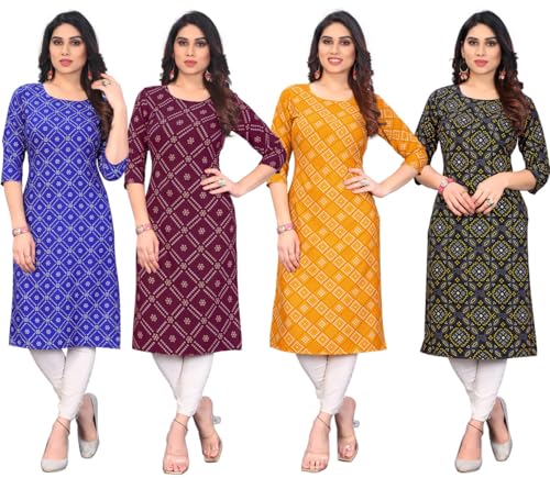Image of JAKHANA Women's Crepe Printed Casual Straight Calf Length Round Nick Kurta Pack of 4