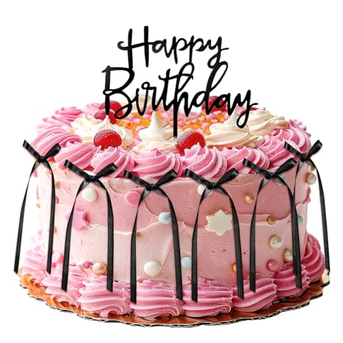 6 adornos para tartas con lazo negro con inserto de pastel de feliz cumpleaños, decoración de fiesta temática de coqueta, decoración vintage para tartas de cumpleaños, baby shower, suministros de