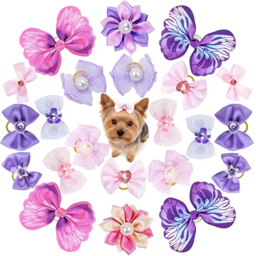 Cohortstar 22 Pieces Cute Dog Hair Bows, Puppy Dog Bowknot Small Puppy Head Accessories with Butterfly Flower Pearls for Pets Dogs Cats Hair Grooming (Pink and Purple)