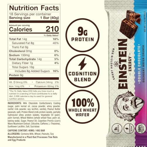 Image of Einstein Energy Smart Snack Bars- Double Chocolate & Peanut Butter Protein | Bars with Lion's Mane, Green Tea Extract & Caffeine for Focused Energy- Chocolate Wafers Bars Boost Mind, Body & Mood Anytime