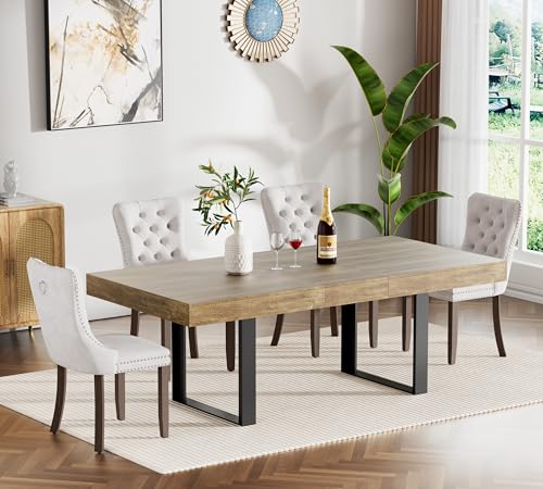 Image of Brown Dining Room Table Set for 4, 5-Piece 63 inch-78.74 inch Extendable Dining Table Set with 4 Upholstered Chairs, Rectangle Wooden Expanding Kitchen Table and Beige Chairs Set