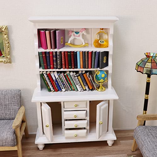 1:12 Scale Miniature Cupboard Bookshelf Classic Wooden Mini Storage Hutch Kitchen Dollhouse Bookshelf Wood Cabinet 1:12 Furniture Display Showcase Decoration Sideboard Accessories (White) #TOP4
