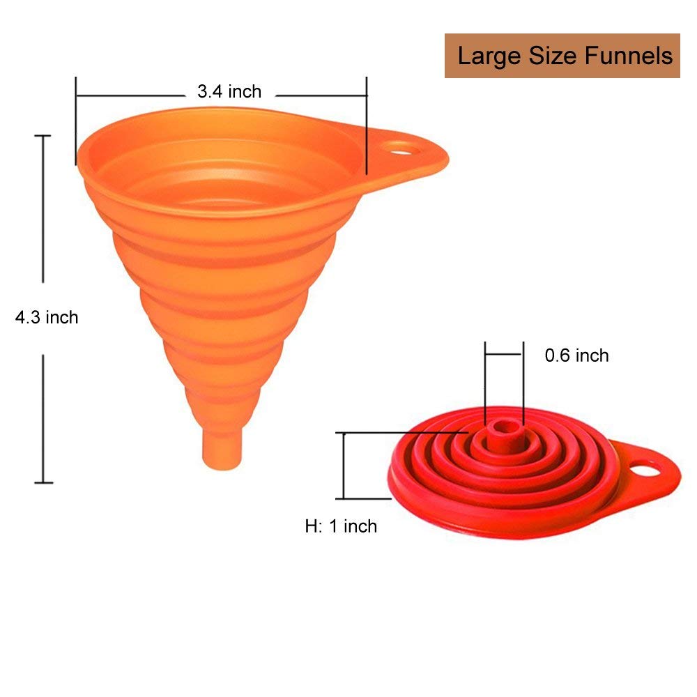 KongNai Kitchen Funnel Set 4 Pack, Small and Large, Kitchen Gadgets Accessories Foldable Silicone Collapsible Funnels for Filling Water Bottle Liquid Transfer Food Grade Silicone 2 Small-2 Large 4 Pack image 1
