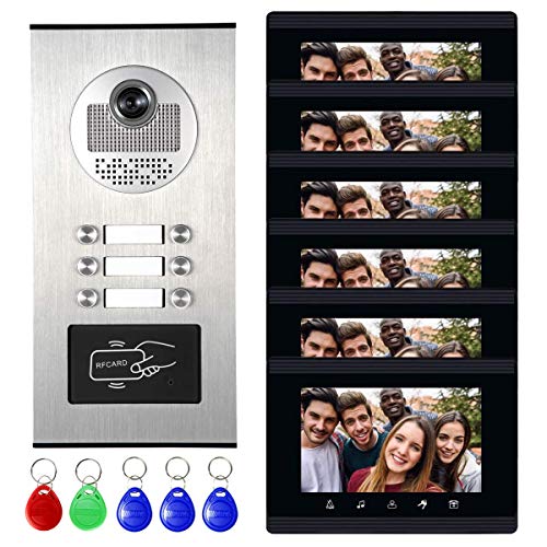 Image of Upgrade Versions 6 Units Apartment Intercom System 7 inch Touch Monitor Video Door Phone Kits Support Ethernet Cable Connect, Single-Supply, ID Keyfobs Unlock for Home Apartment