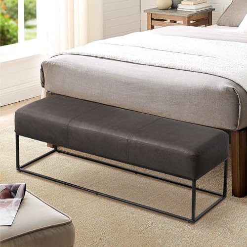Image of Leather Entryway Bench, Modern Long Faux Leather Ottoman Bench Seat with Metal Frame, 47'' Upholstered Bedroom Bench for Living Room Entryway Window, Vintage Black