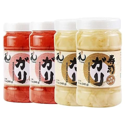 YUHO Pickled Sushi Ginger 4 Jar Japanese Pink Gari Sushi Ginger Fat Free, Sugar Free, Kosher, BRC, No MSG, Low cal 12 oz Cover