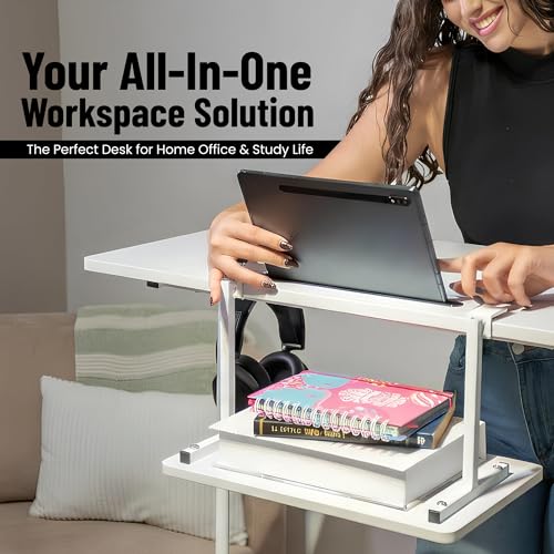 Image of Small Rolling Desk with Wheels, Adjustable Height 27 inch-43.3 inch Portable Standing Desk, 31.5 inchx15.7 inch Tabletop, Mobile Laptop Computer Table for Home Office Workstation, White