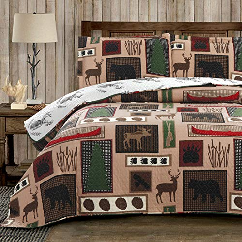 Oliven Reversible Home Rustic Bedding Lodge Moose Bear Quilt Set King Size,3 Pcs Lightweight Cabin Bedspread Bear Paw Eagle Elk Printed Bed Cover All Season Coverlet Bed Set with King Pillow Shams