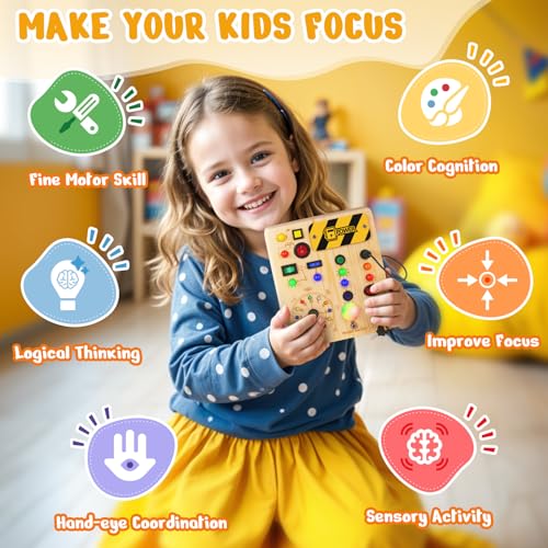 Image of Busy Board with Led Light, Montessori Toys for 1-3 Years Old Boys Girls Wooden Toddler Toys Birthday Gift Educational Toys for 1+ Year Old, Toddler Travel Toy Sensory Toys for Kids with Autism