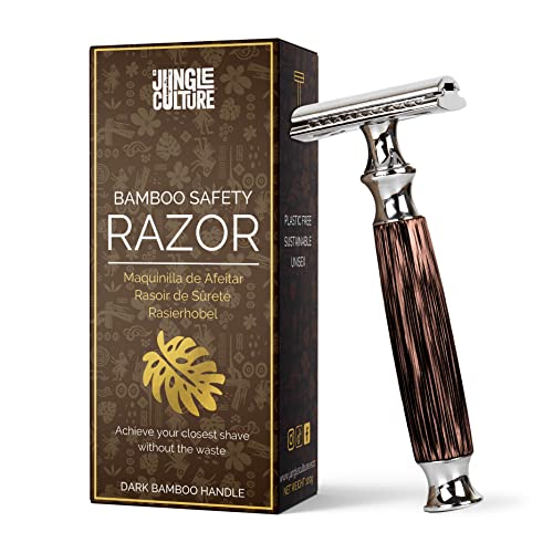 Jungle Culture® Bamboo Safety Razor for Men & Women • Premium Eco Friendly Razor & Travel Bag • Fits Double Edge Razor Blades • Single Blade Reusable Razor • Plastic Free & Zero Waste Shaving • Dark