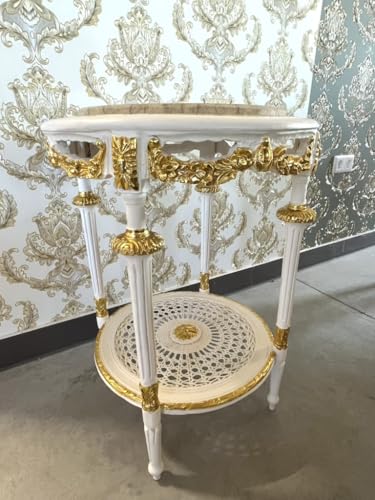 CasAmin Home & Living Runder Weißer Beistelltisch aus Holz im Retro Antik Barock Stil, Handgefertigt mit Marmorplatte, Couchtisch, Teetisch als Wohndekoration – Bild 5