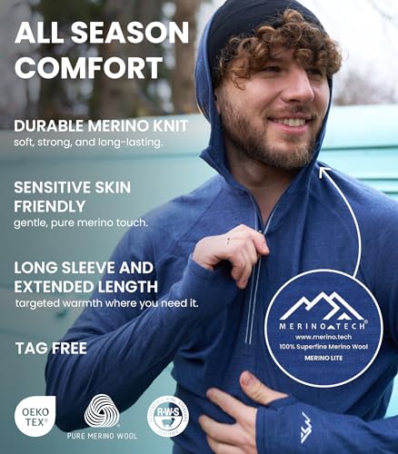 Merino.tech 100% Merino Wool Hoodie Men - Slim Fit Merino Wool Base Layer Mens Half Zip Thermal Long Sleeve Shirt and Socks4