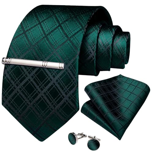 Image of DiBanGu Plaid Ties for Men Silk Checkered Necktie and Pocket Square Cufflinks Tie Clip Set with Gift Box for Wedding Business