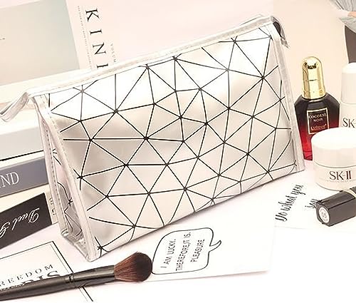 Image of Makeup Bag for Women, Diamond Pattern Makeup Bag with Zipper Large Capacity Travel Toiletry Bag - Silver