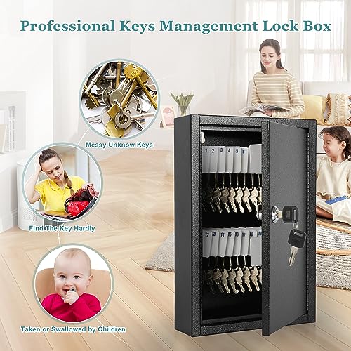 Kyodoled Key Storage Lock Box With Key,Locking Key Cabinet,40 Key Management Wall Mount With Key Lock,Key Hooks & Tags Key Labels,(Black,40 Key) #TOP2