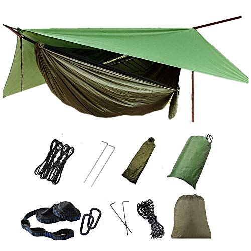 Camping Hammock with Rain Fly Tarp Mosquito Net Heavy Duty Tree Straps Portable Double Parachute Hammocks Tent Waterproof Rainfly Set