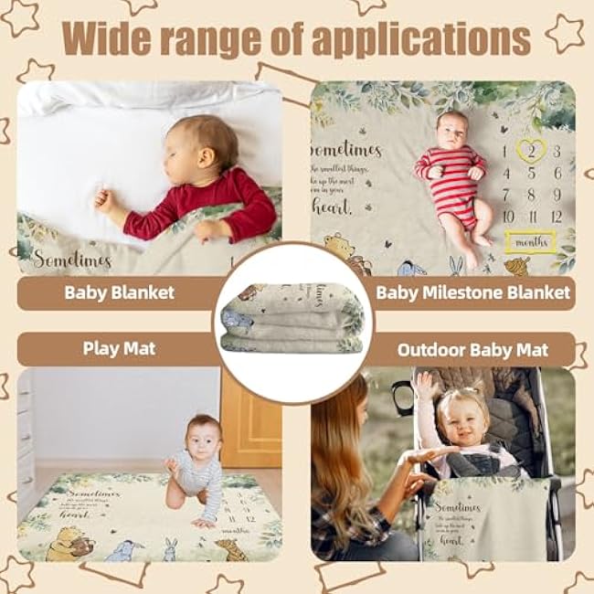 Winnie Milestone Blanket for Baby, Pooh Babies Monthly Blanket, Winnie Quotes Baby Milestone Blankets, Newborn Photography Background Decor, with 8 Holiday Cardstocks