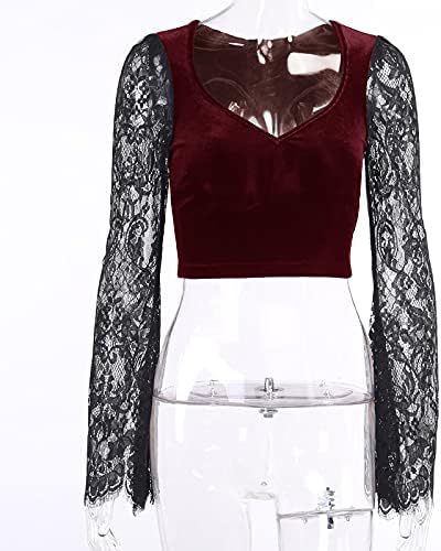 TSMNZMU Womens Gothic Crop Tops - Velvet Lace Long Sleeve V Neck Shirt - Dark Grunge Punk Style - Image 5