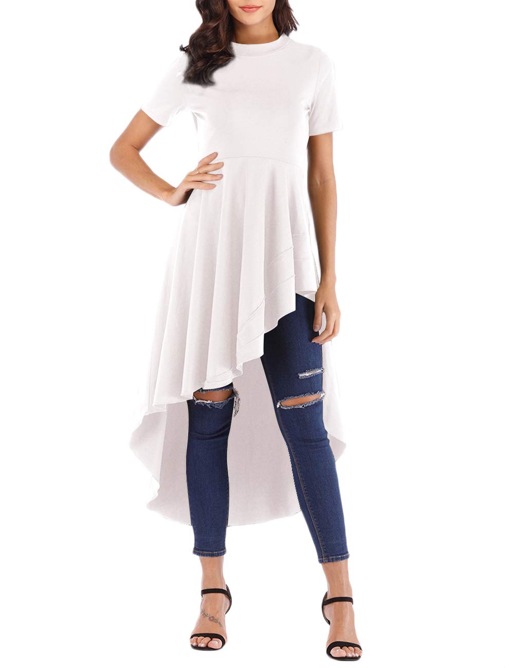 Haola Women's Ruffle High Low Asymmetrical Irregular Hem Tops Short Sleeve Tunic Top