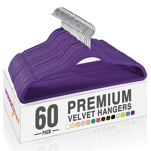 Image of HOUSE DAY Noble-Purple Velvet Hangers 60 Pack, Non Slip Clothes Felt Hanger Heavy Duty for Coat, Premium Slim Space Saving Suit Hangers for Closet Organizer, 360 Rotating Silver Hook