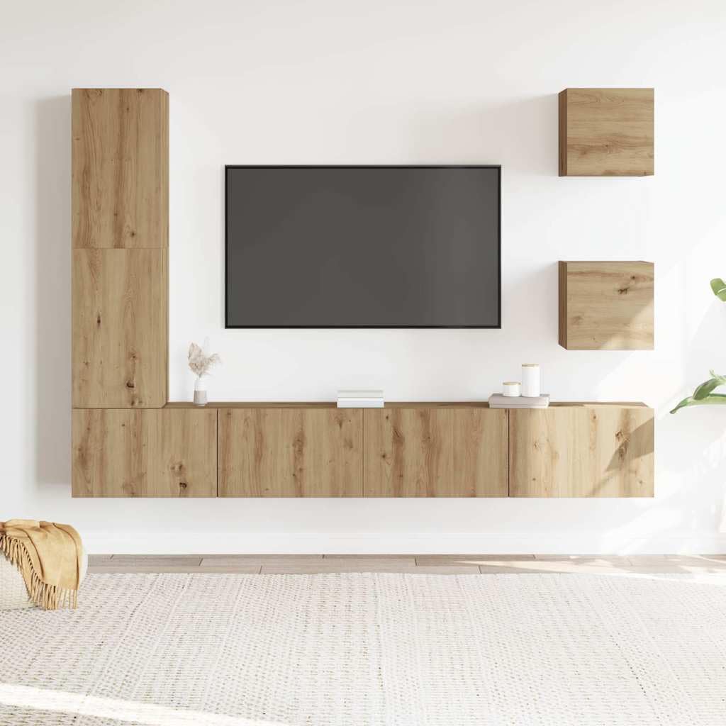 TV-Möbel-Set, 5-teilig, Eiche | Spanplatte, praktische Tür, großer Raum, 30,5 x 30 x 110 cm, 100 x 30 x 30 cm