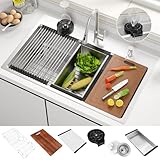 BURCHAIN 33x22 Inch Kitchen Sink Black Drop In Stainless Steel Kitchen Sinks 16 Gauge Single Bowl Workstation Luxury Top Mount Sink with 6 Accessories Include Glass Rinser (Brushed Nickel)