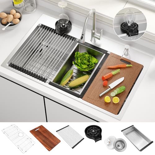 BURCHAIN 33x22 Inch Kitchen Sink Black Drop In Stainless Steel Kitchen Sinks 16 Gauge Single Bowl Workstation Luxury Top Mount Sink with 6 Accessories Include Glass Rinser (Brushed Nickel)