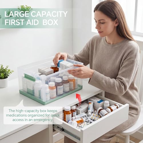 Image of Hushee 24QT Clear Medicine Storage Box for First Aid Supplies,Green | Removable Tray and Handle Design for Home, Travel and Emergency Supply Organization