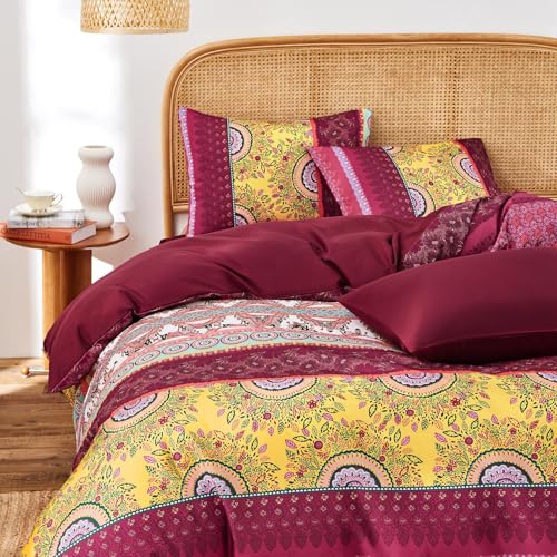 Image of Wake In Cloud - Boho Comforter Set, Bohemian Chic Colorful Medallion with Geometric Botanical Flowers and Horizontal Stripes, Soft Lightweight Bedding, 3 Pieces, Burgundy, King Size