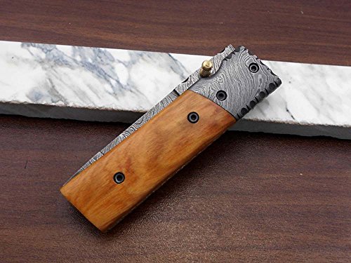 Damascus Steel Tanto Blade Folding Knife, Available In Various Natural Scales With Damascus Bolster, Cow Hide Leather Sheath, Equipped With Thumb Knob & Liner Lock (Yellow Wood) #TOP6