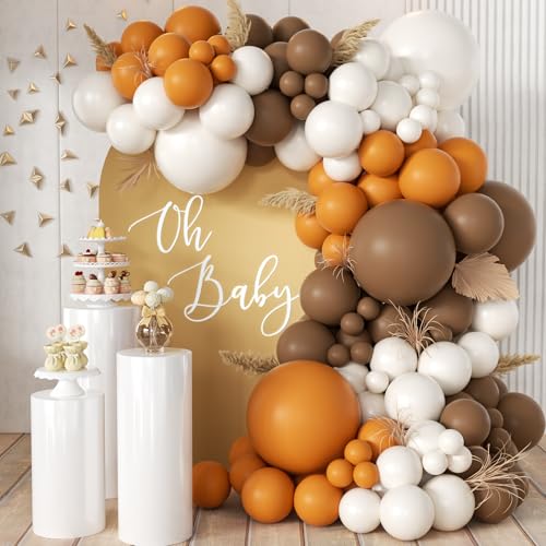 MEBAY Fall Thanksgiving Balloon Arch Kit 155 Pcs Boho Brown Orange White Balloons Garland for Baby Shower Autumn Birthday Party Decorations