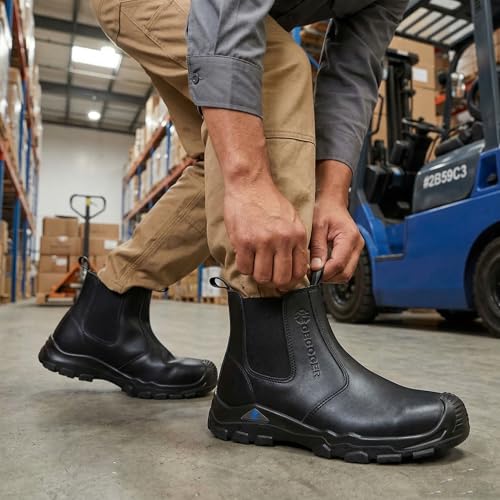 Image of Steel Toe Work Boots for Men Slip-on Welding Water-Resistant Safety Shoes | Shoes for Industrial Construction, Lightweight, Puncture Proof, Slip Resistant, Black