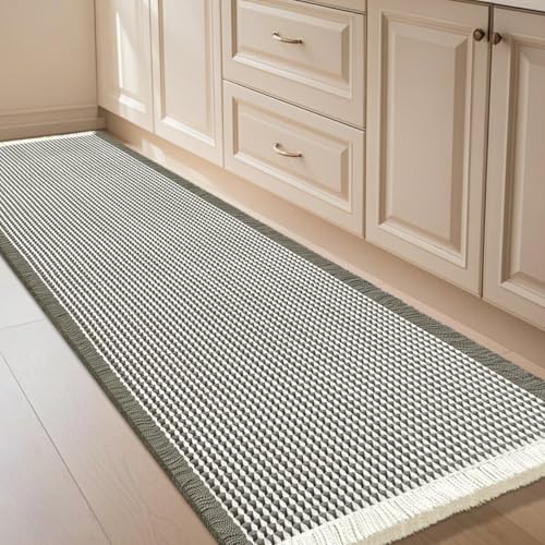 Extra Large Waffle Bath Mat Green & Cream 6'x2'(72" x 24"), Boho Woven Modern Bath Mat Rugs, Absorbent Non Slip Bathroom Rugs, Soft Washable Bath Rugs with Tassels for Bedroom, Kitchen, Shower, Tub