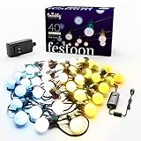 Twinkly Festoon 40 White LEDs, Light Chain with 40 LED Bulbs, Outdoor and Indoor Lights from Warm White to Cool, Compatible with Alexa, Google Home, IP44, App Mapping, Black Cable, 65ft