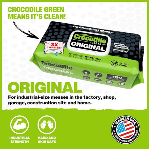 Image of Crocodile Cloth Original Cleaning Wipes, Heavy-Duty Multi-Surface Hand & Tool Wipes, Water-Based, Safe on Skin, 600 Count (6 Packs of 100), 15 x 10 Inch
