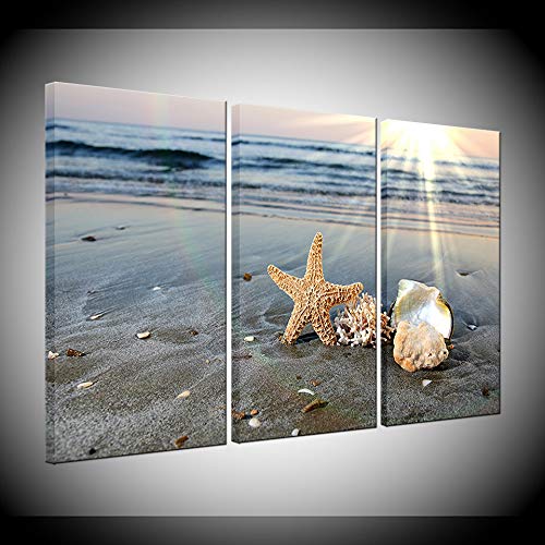 Toile imprimé moderne pour salon style bord de mer, triptyque de plage et coquillages