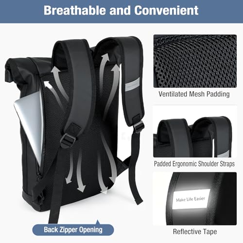 Lekeinchi 17-Inch Waterproof Laptop Backpack for Men and Women - Roll Top Design for School, Travel, Business, Work, and Camping(Black) - Image 4