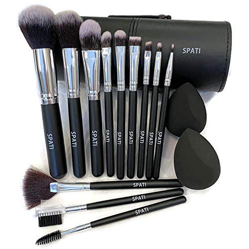 SPATI Makeup Brush Set, 12 pcs professional brush set, Face Cosmetic Brush for Foundation, Eye Shadow, Blush Concealer with PU leather brush holder, Black.